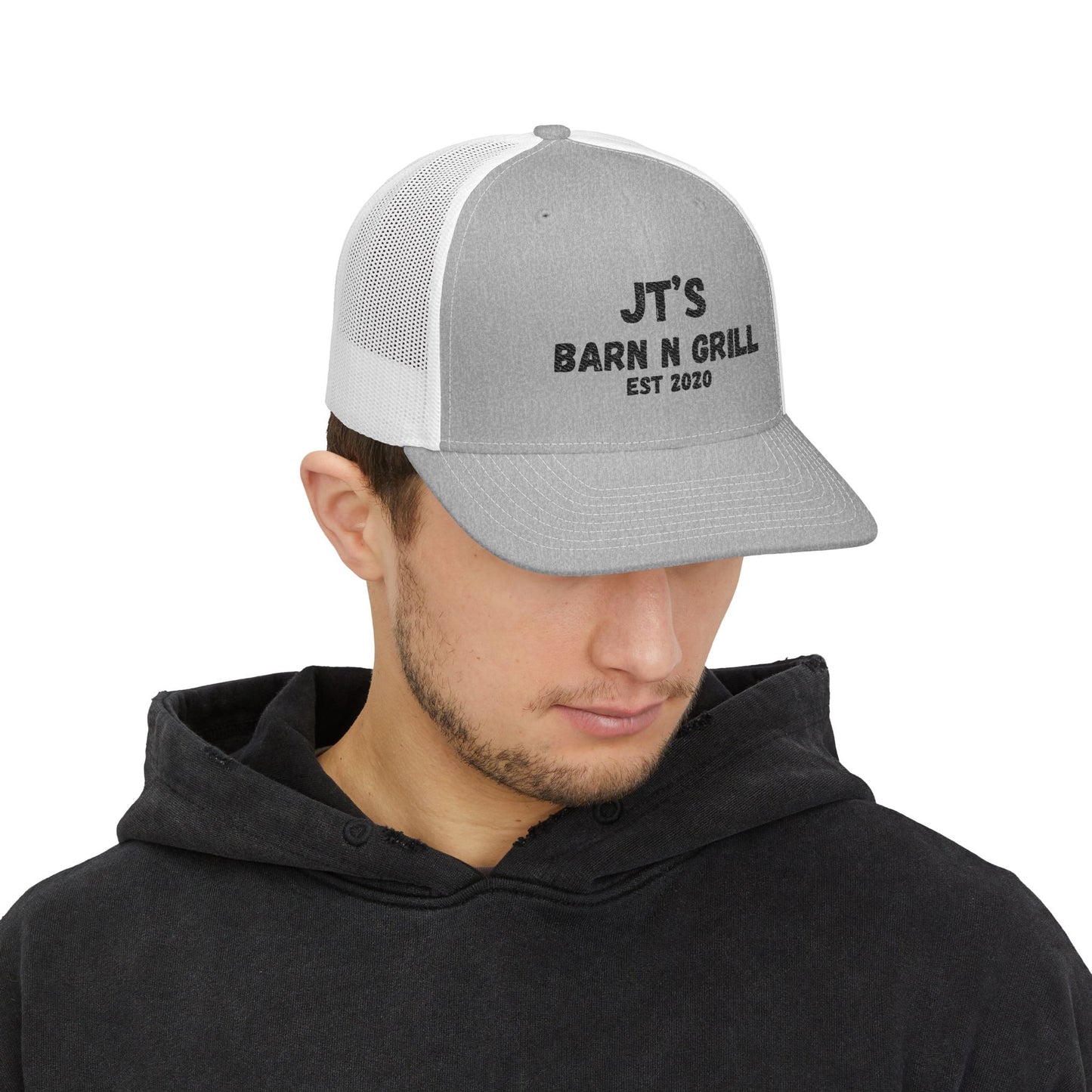 Embroidered Trucker Cap — "JT's Barn N Grill EST 2020" Mesh Snapback