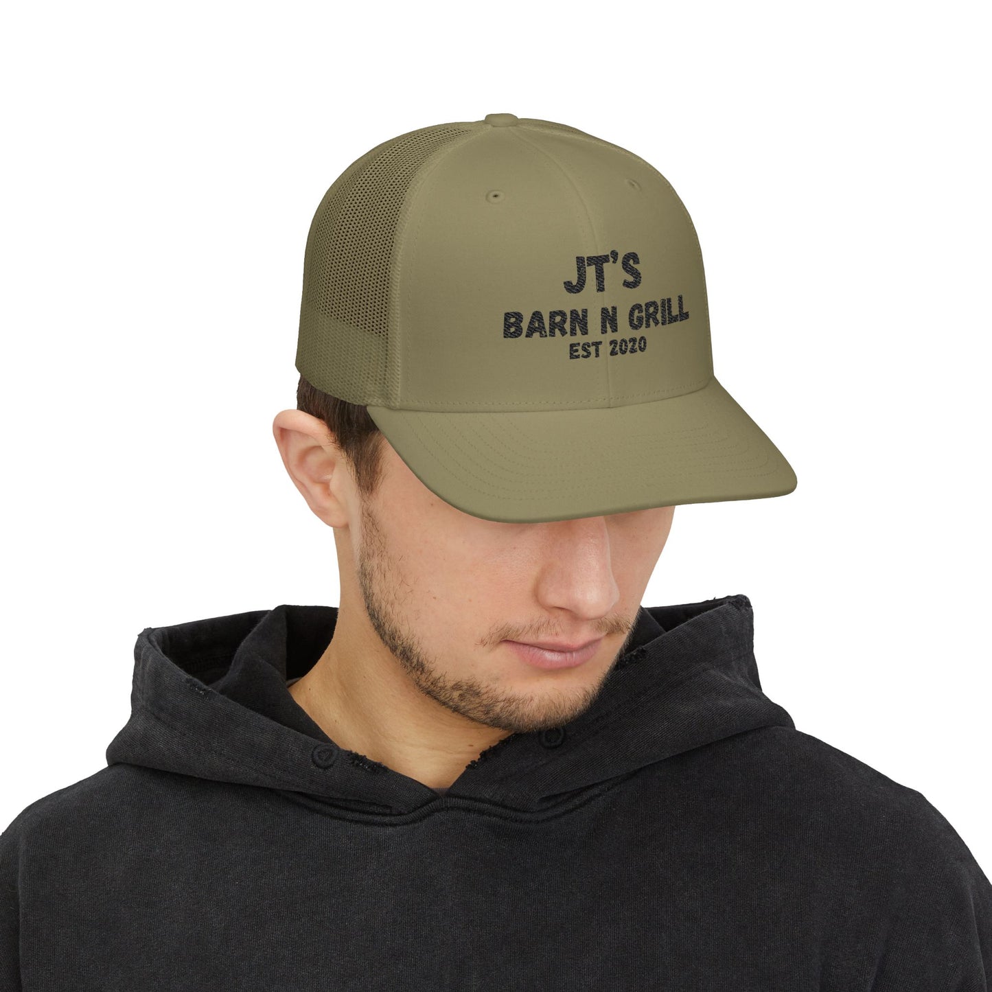 Embroidered Trucker Cap — "JT's Barn N Grill EST 2020" Mesh Snapback