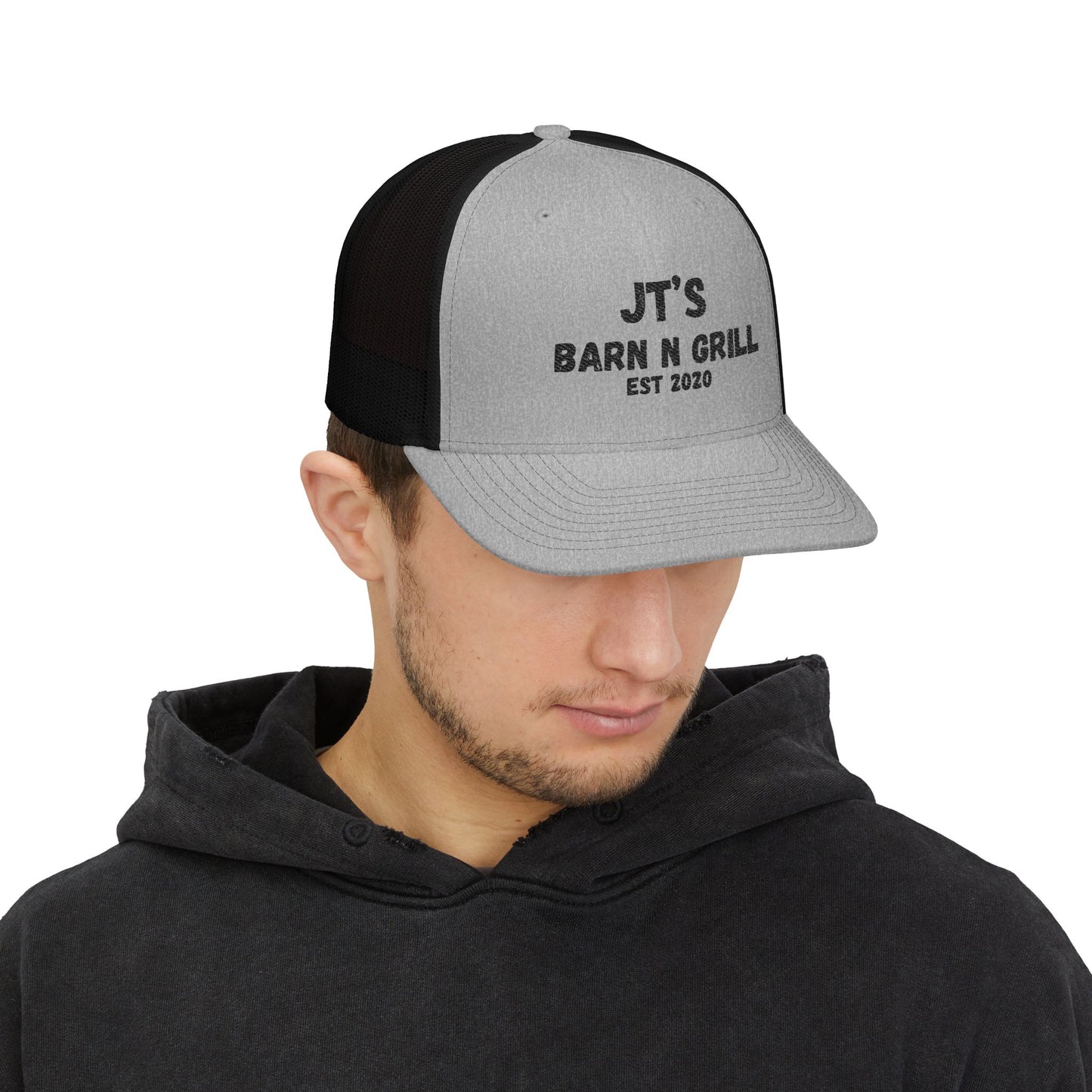 Embroidered Trucker Cap — "JT's Barn N Grill EST 2020" Mesh Snapback
